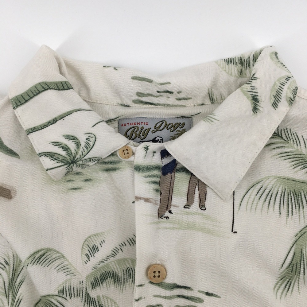 Big Dogs Hawaiian‎ Shirt Mens Med Cream Tropical Golf Palm Tree Rayon Button Up - Picture 7 of 9